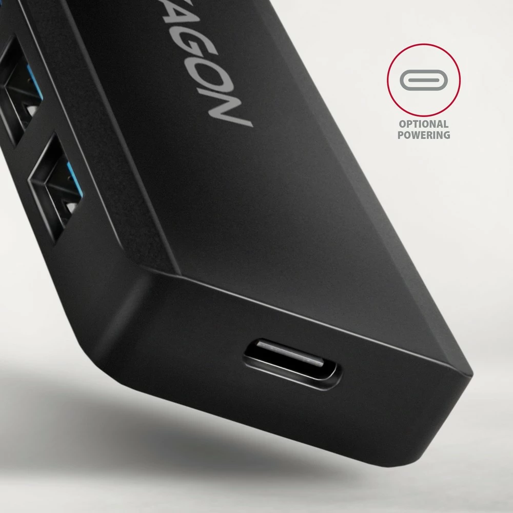 Hub USB AXAGON HUE-C1C, 4 porta, USB 5Gbps, kabllo Type-C 19cm, furnizim shtesë me USB-C, i zi