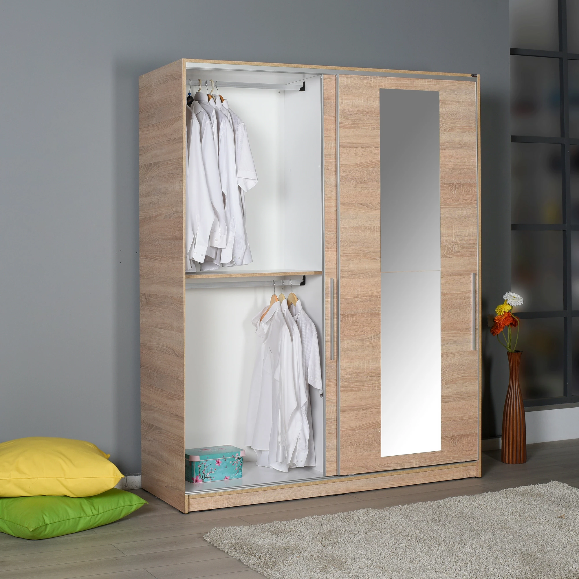 Dollap Hanah Home, SWD-716-SS-3, ngjyrë sonomo, me derë pasqyre, 160x207x60cm