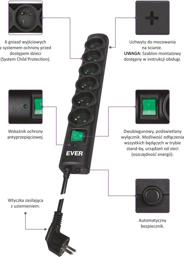 Prizë me mbrojtje nga mbingarkesa EVER Optima, 6 dalje, 3m, e zezë