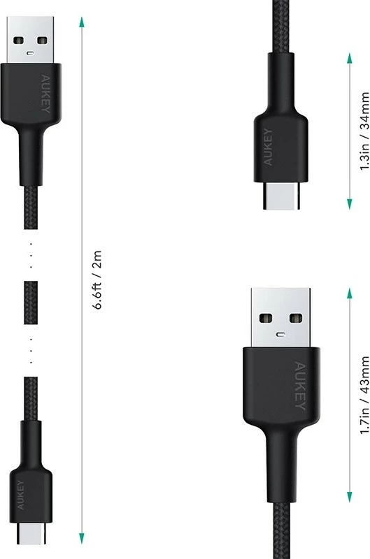 Kabllo USB-C në USB-A AUKEY CB-CA2 OEM 2m PD 60W 3A 20V najlon e zezë set me rrip Velcro