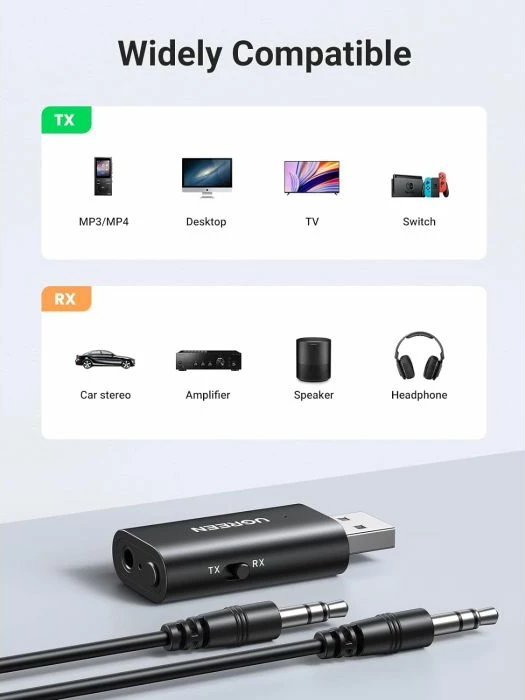 Adapter Bluetooth 5.1 transmiter/marrës 2-në-1 UGREEN 60300, AUX 3.5mm + USB-A, i zi, me kabllo AUX