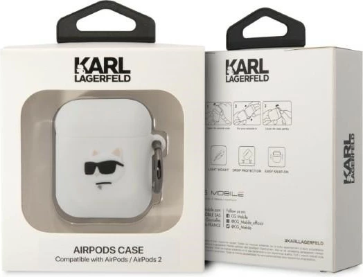 Mbështjellës Karl Lagerfeld KLA2RUNCHH për AirPods 1/2, silikon, Choupette Head 3D, i bardhë