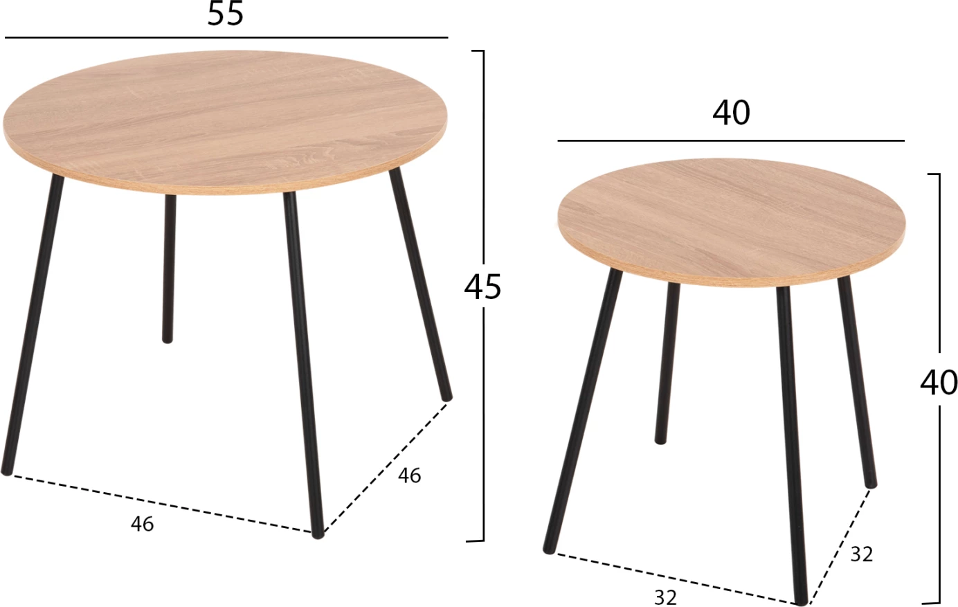 Tavolina kafeje 2 copë, të rrumbullakëta, CUPPER, FH9878.01, melaminë në ngjyrë SONAMA-metal i zi, Φ55x45H cm