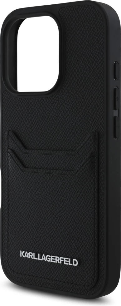 Mbështjellës Karl Lagerfeld HC Grained PU Cardslot Metal Elong për iPhone 16 Pro Max, e zezë