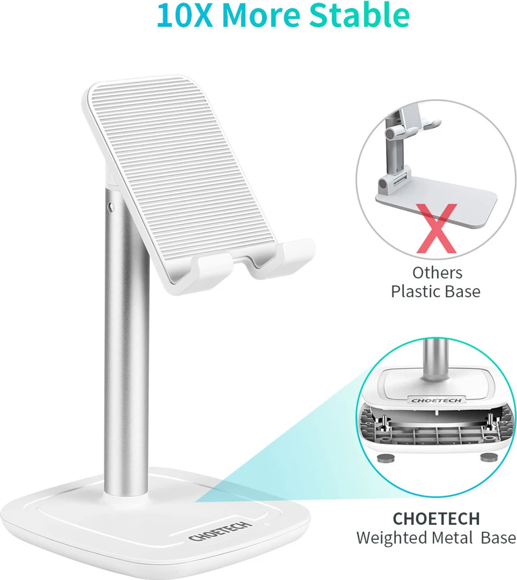 Mbajtëse telefoni/tableti Choetech H035, alumini, e bardhë dhe argjendtë, rregullim këndi dhe lartësie