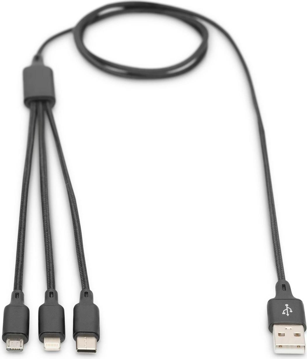 Kabllo karikimi 3-në-1 Digitus, 1 m, USB A, USB C, E zezë