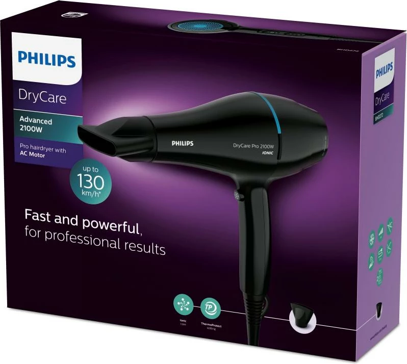 Tharëse flokësh, Philips, BHD272/00 DryCare Pro, 2100W motor AC me jonizim, ThermoProtect, e zezë