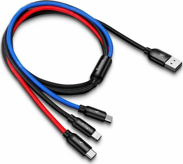 Kabllo USB 3-në-1 Baseus CAMLT-ASY01 0.3 m 3.5A USB-A në USB-C/microUSB/Lightning, blu/kuqe/zezë