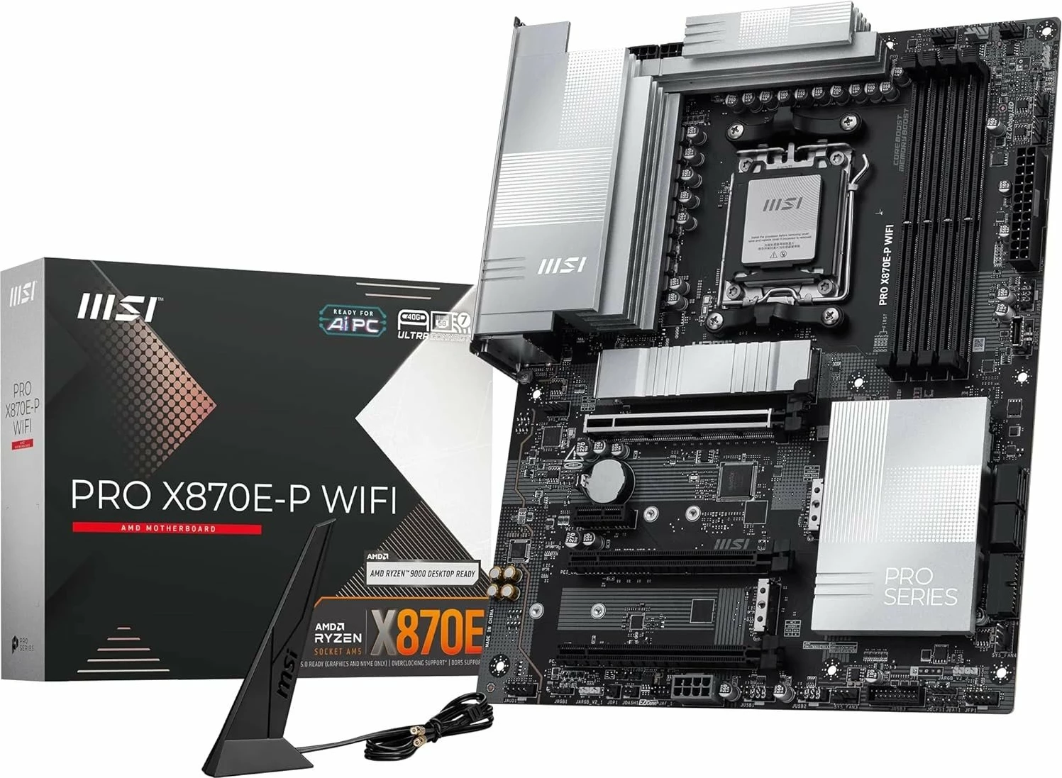 Pllakë amë MSI PRO X870E-P WIFI, AM5, ATX, DDR5, Wi‑Fi 7, PCIe 5.0, e zezë/argjendtë, me antenë WiFi + 2x kabllo SATA