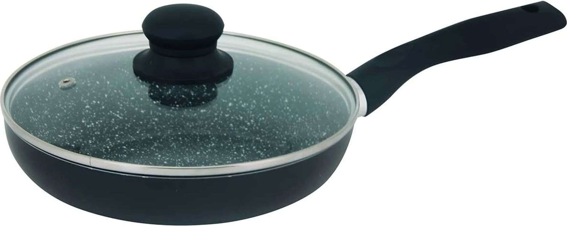 Tigan skuqjeje KingHoff KH-3959 28 cm, veshje mermeri, me kapak qelqi, dorezë silikoni, i zi