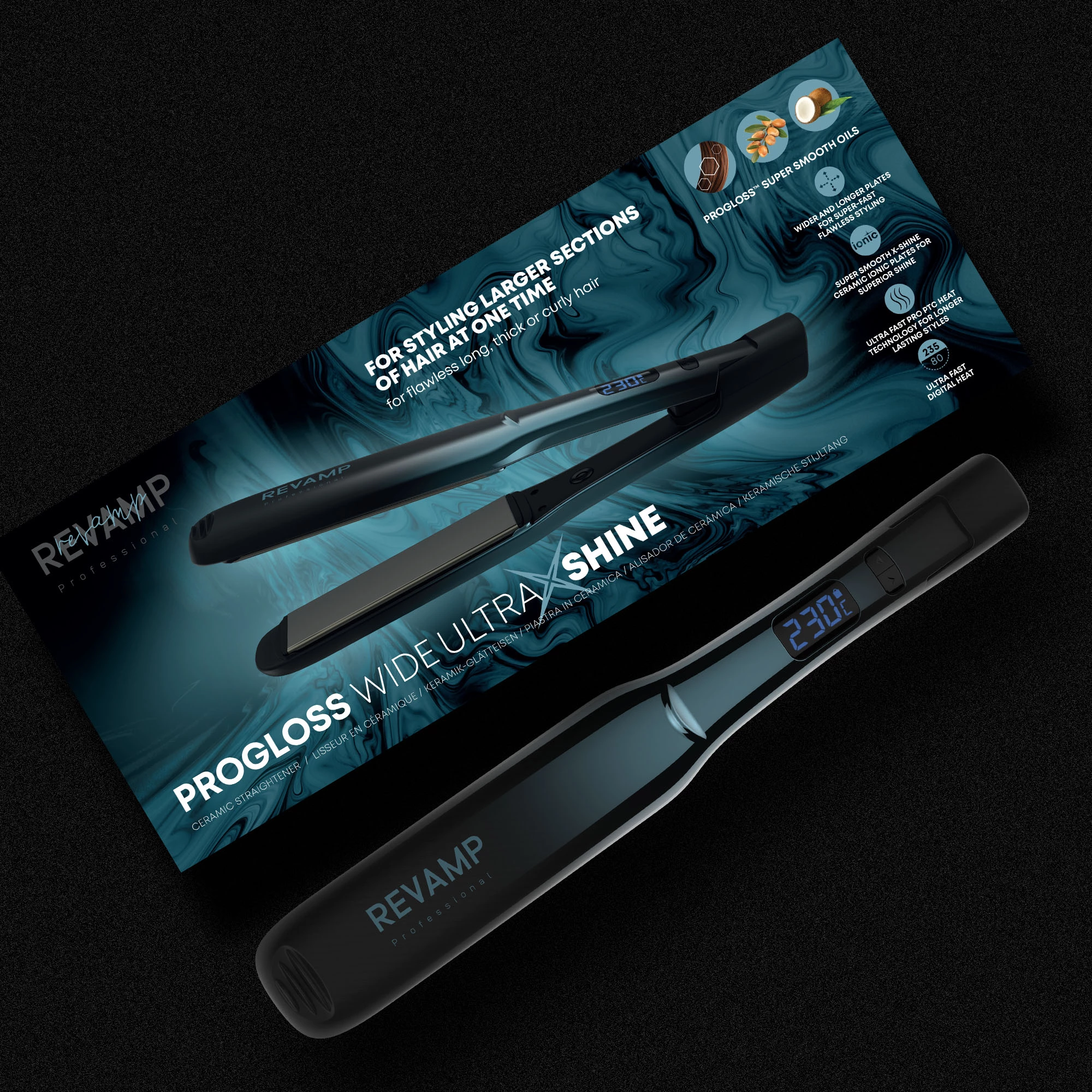 Hekur për flokë Revamp Progloss Wide Ultra X Shine ST-2000, pllaka qeramike të gjera, 80-235°C, jonik, kabllo 3 m, me pad silikoni, blu metalike