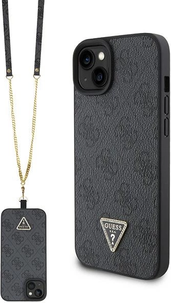 Mbështjellës Guess Crossbody 4G Metal Logo për iPhone 15/15 Plus, i zi, me rrip