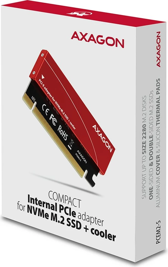 Kasë adapter AXAGON PCEM2-S për NVMe M.2 SSD, PCIe x16, me mbulesë alumini, e kuqe
