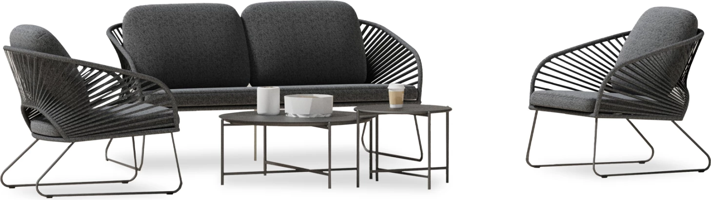 Set lounge për jashtë, 5 pjesë, VERMONT, metal, litar, xham, ngjyrë gri, FH6504.01