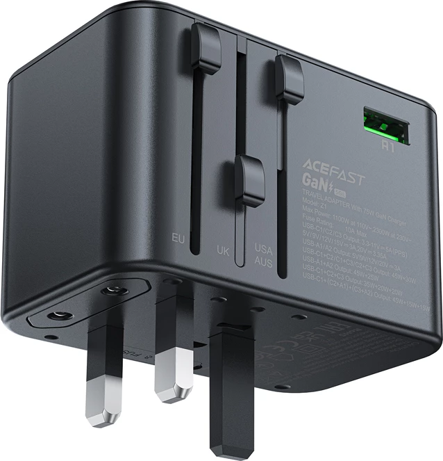 Karikues udhëtimi Acefast Z1 GaN, 75W, 3x USB-C, 2x USB-A, i zi