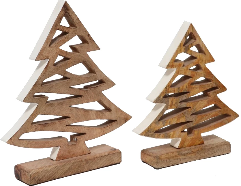 Dekor pemë druri për Krishtlindje, dru mango, natyrale e bardhë, 16x6x20cm