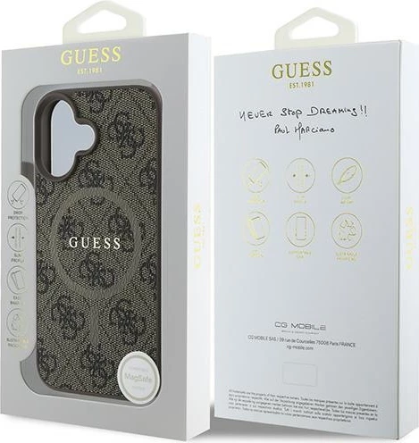 Mbështjellës Guess 4G Ring Classic Logo MagSafe për iPhone 16 Plus, Kafe