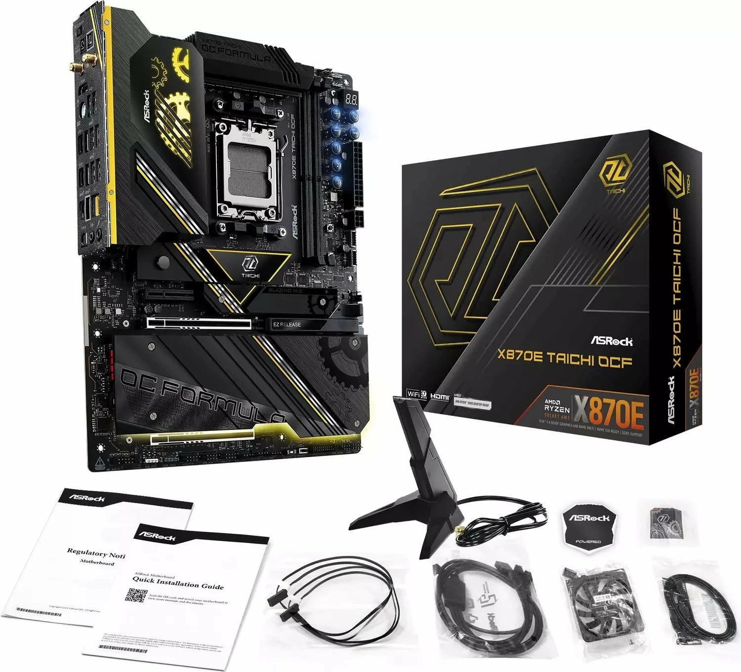 Pllakë amë ASRock X870E Taichi OCF, AM5, ATX, DDR5 128GB, Wi‑Fi 7, e zezë me detaje ari