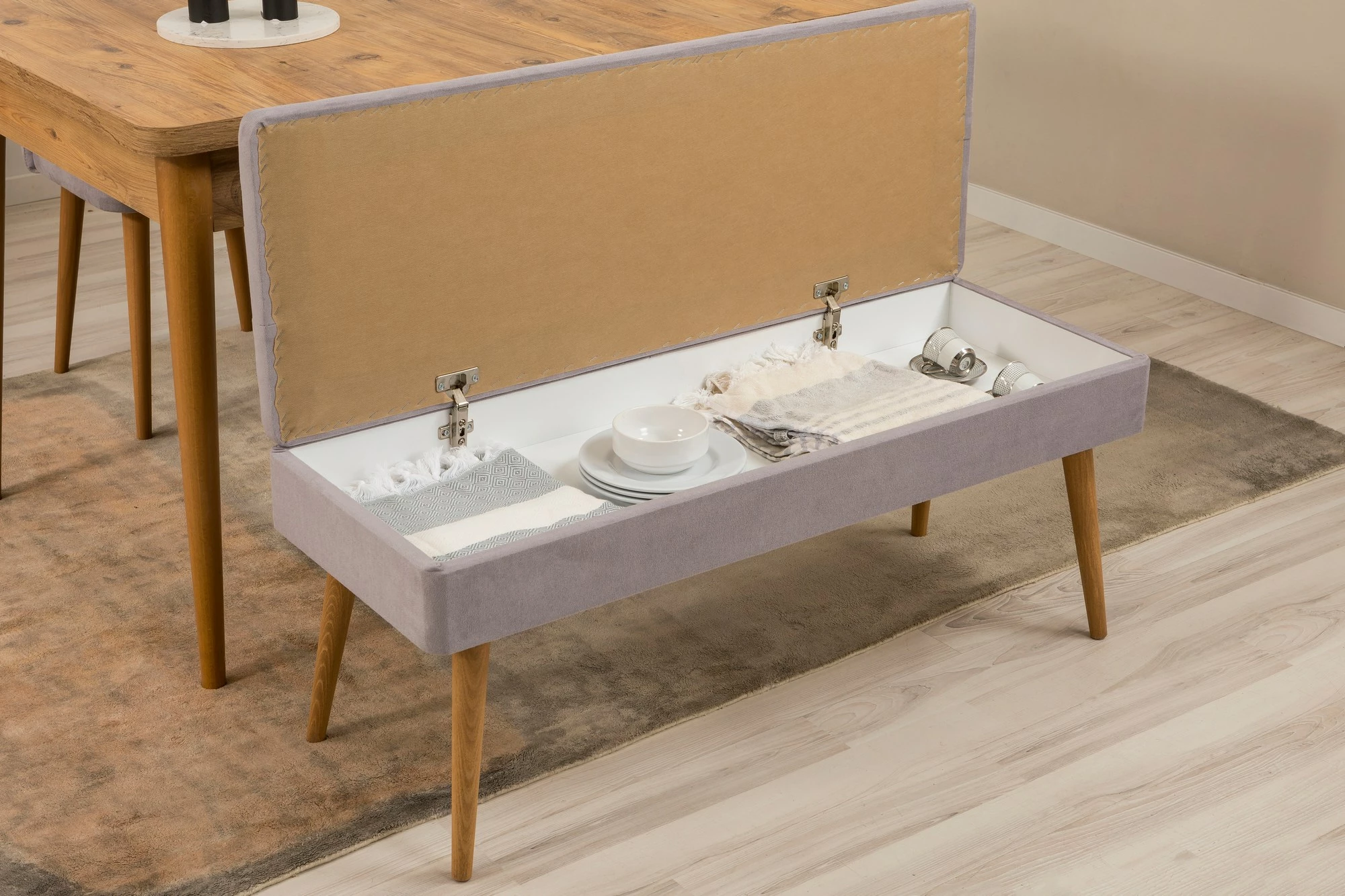 Set tavoline me karrige, konsolë dhe stol, ngjyrë Atlantic Pine, gri, 6 pjesë, Skye Decor, Vina Bench 04 0701