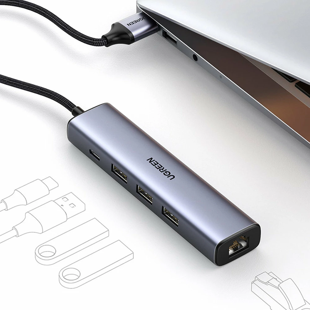 Adapter HUB multifunksional Ugreen CM475, 3x USB 3.0, Ethernet RJ-45, USB Type C PD, Gri