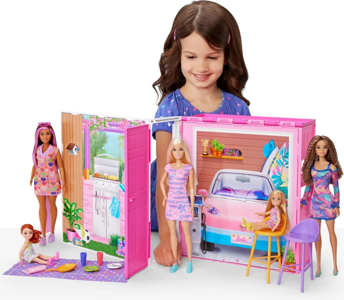 Set lodër Barbie, Mattel HRJ77, shtëpi me kukull dhe 11 aksesorë, rozë