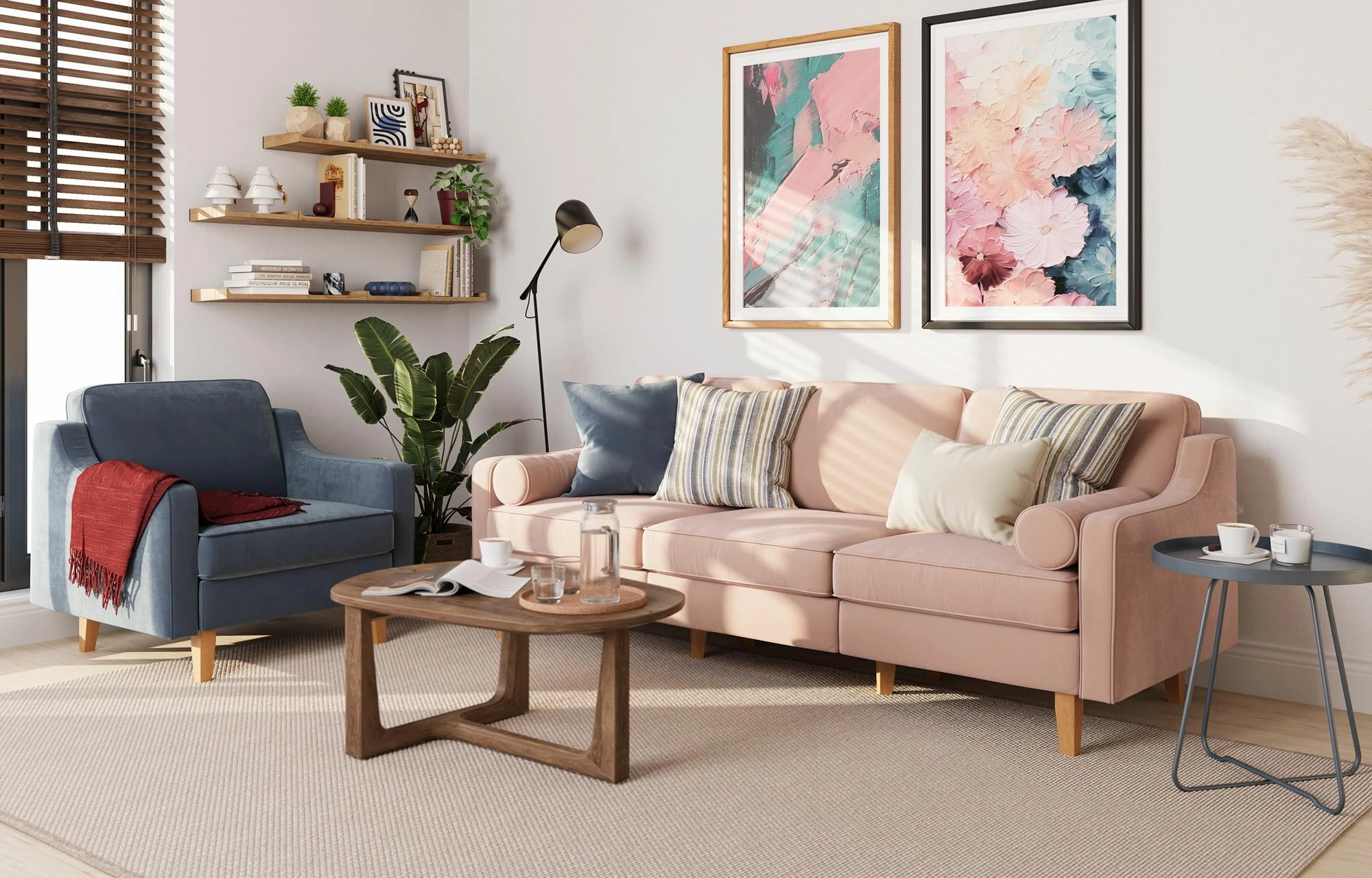 Divan treshe Robin Extra, ngjyrë salmon, këmbë druri arre