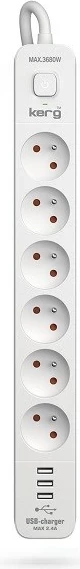 Shirit rryme KERG me ndërprerës qarku, 6 priza, 3 USB, 16A, 3m, Bardhë