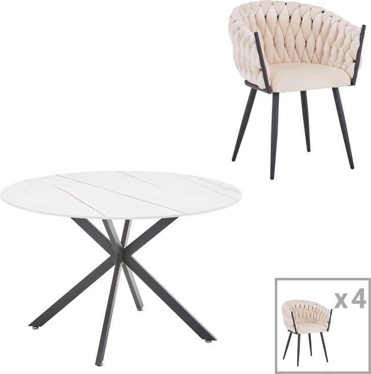 Tavolinë me karrige Vivian-Stoyen, 5 copë, kadife bezhë - mermer i bardhë, Φ120x75cm