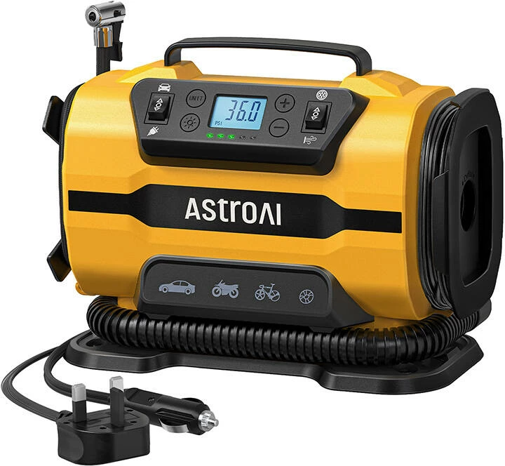 Kompresor portativ AstroAI ATJ-8366, 150 PSI, 12V DC/110V AC, verdhë