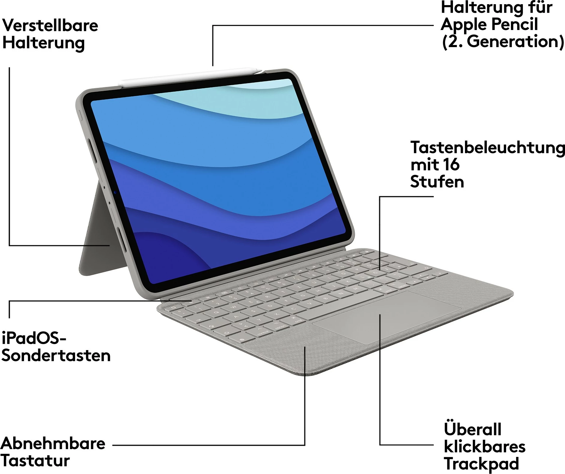 Mbështjellës tastierë Logitech Combo Touch për iPad Pro 11-inç, gri