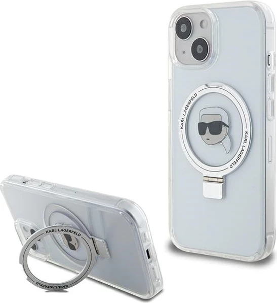 Mbështjellës Karl Lagerfeld KLHMP15SHMRSKHH për iPhone 15 6.1", hardcase me Ring Stand Karl Head MagSafe, Bardhë