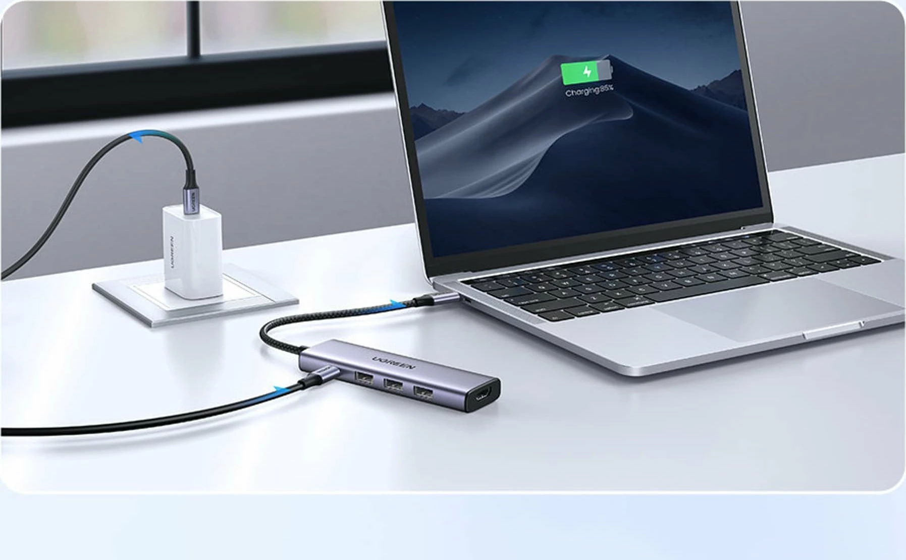 USB hub Ugreen CM511 (UGR1678) 5-në-1, USB-C në HDMI 4K@30Hz + 3x USB-A 3.2 Gen1 5Gbps + USB-C PD 100W, argjendtë