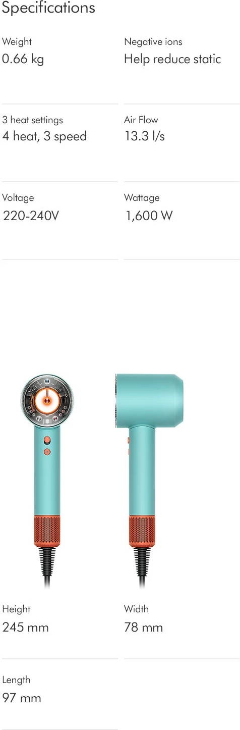 Tharëse flokësh Dyson Supersonic Nural, 1600 W, 13.3 l/s, Blu, Portokalli