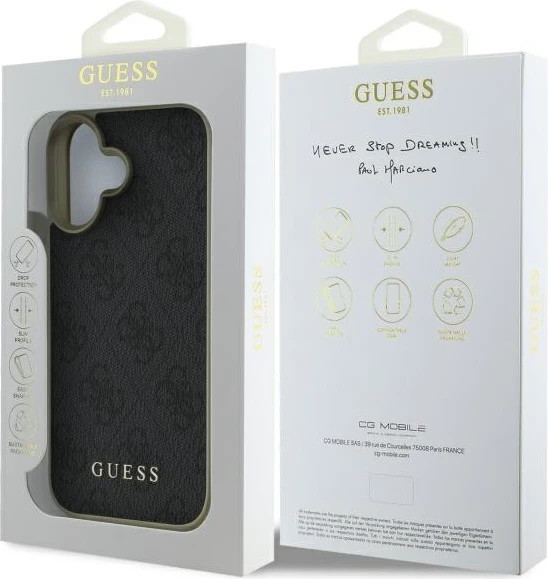 Mbështjellës Guess 4G Charms Collection për iPhone 16 Plus, i zi