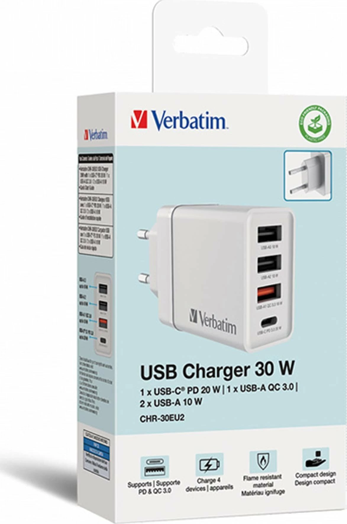 Karikues muri Verbatim CHR-30EU2 (49701) 30W, 1x USB-C PD 20W + 3x USB-A (QC 3.0 18W + 2x 10W), prizë EU, i bardhë