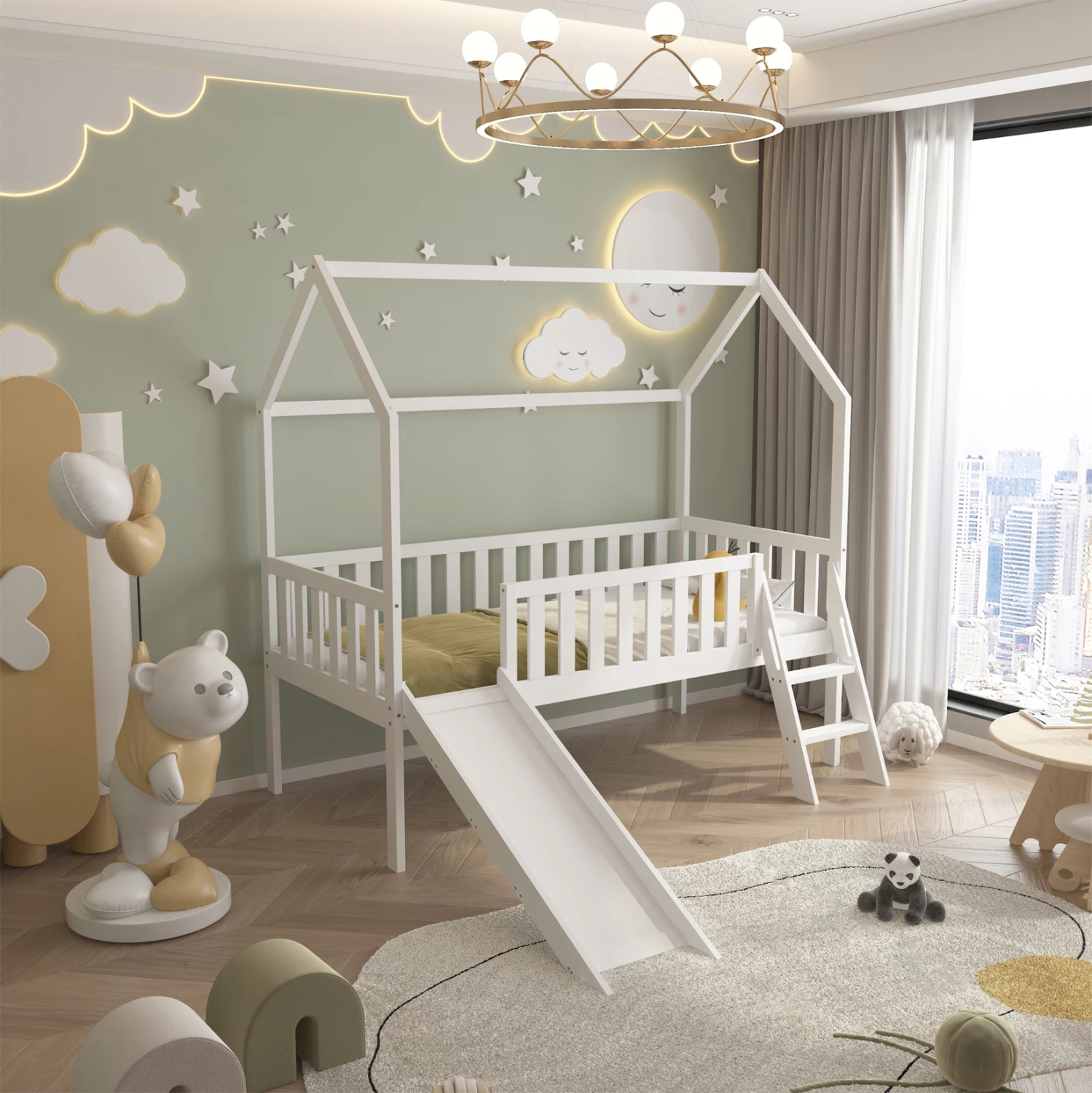 Krevat për fëmijë Montessori me rrëshqitëse, dru pishe, i bardhë, FH701.03, për dyshek 190x90cm