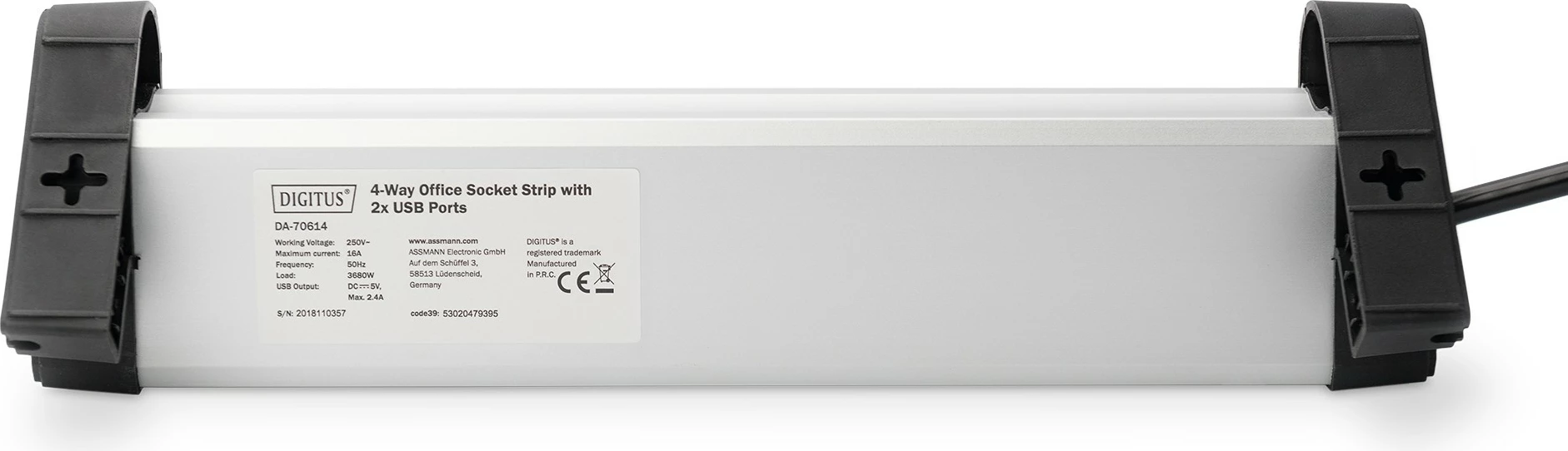 Shirit prizash Digitus 4-dalje me 2x porta USB, 1.5 m, i brendshëm, Tipi E / F, Tipi F (CEE 7/4), i zi, argjendtë, alumin