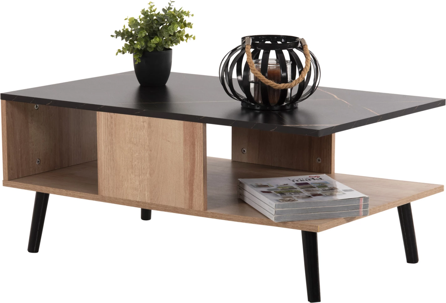 Tavolinë kafeje me raft GUNNEZ FH9036.22, lis i zi mermer, 90x54x38.5H cm