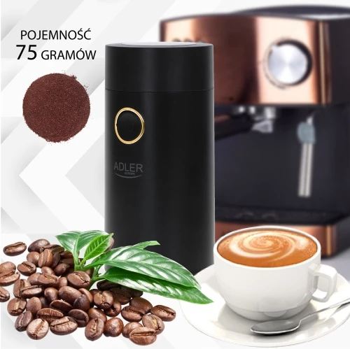 Bluarëse kafeje elektrike, Adler AD 4446, 150 W, 75 g, enë metalike, kapak transparent, e zezë me të artë