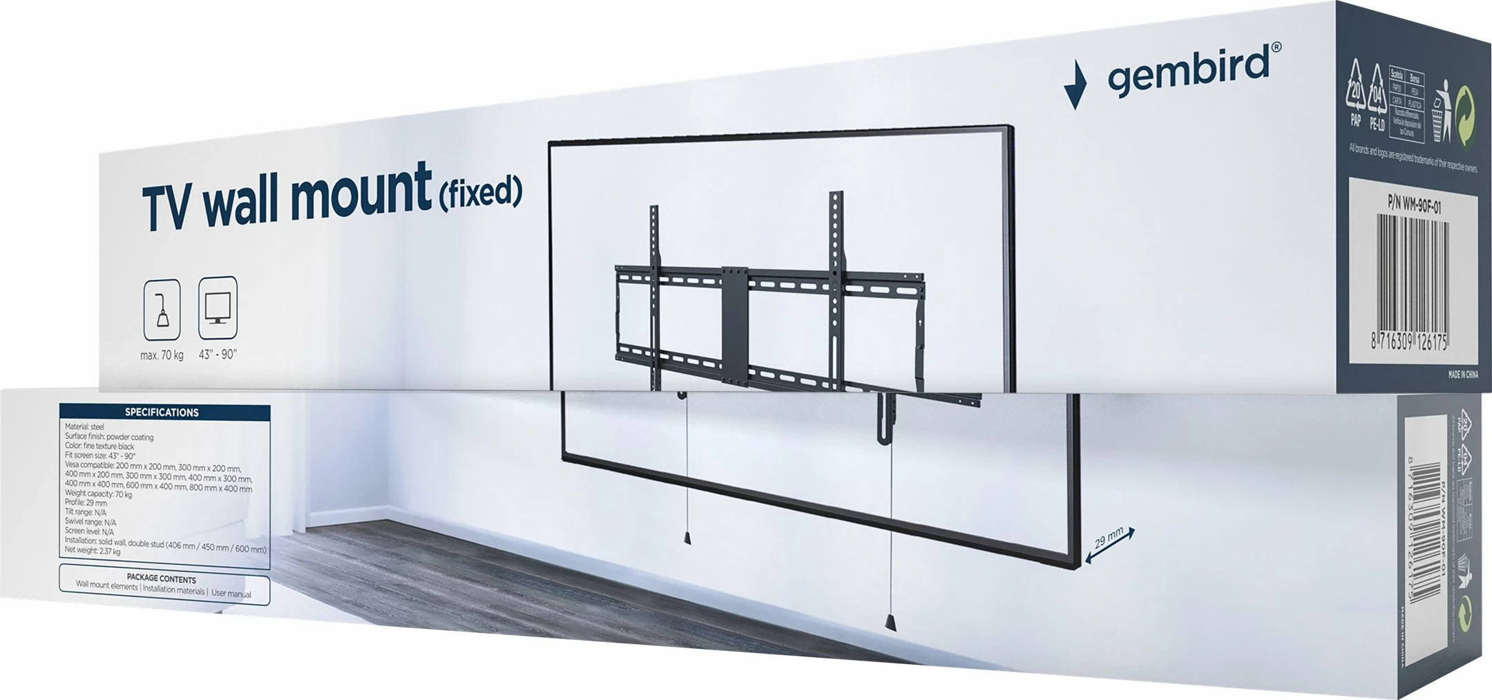Mbajtës muri për TV Gembird WM-90F-01, për 43-90 inç, i zi