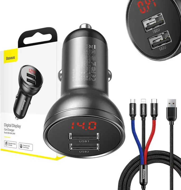 Karikues veture Baseus TZCCBX-0G, 24W, me ekran, 2x USB-A, kabllo 3-në-1, 1.2m, argjendtë