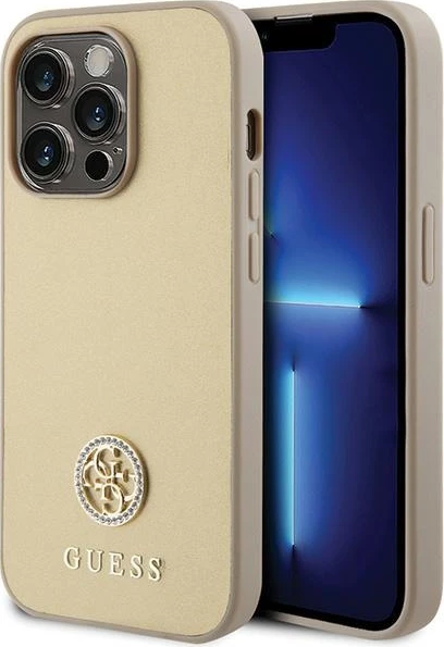 Mbështjellës Guess GUHCP15LPS4DGPD për iPhone 15 Pro 6.1", 4G Strass Metal Logo, Ari