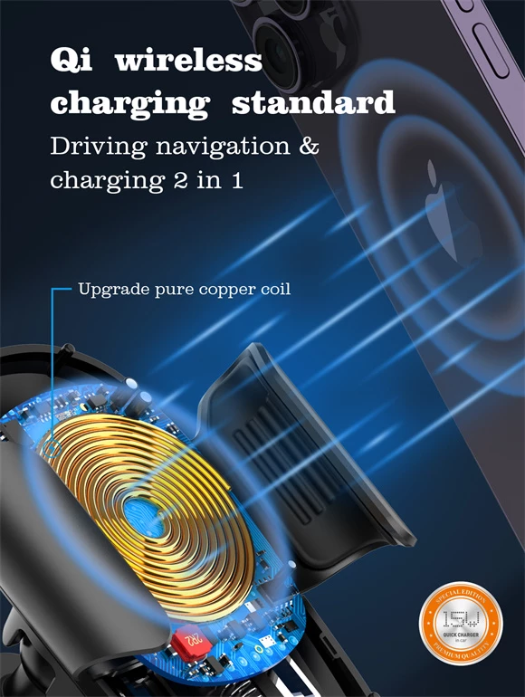 Mbajtës telefoni për veturë LDNIO MW21, karikim pa kabllo Qi 15W, USB-C, montim në grilë ajri, i zi