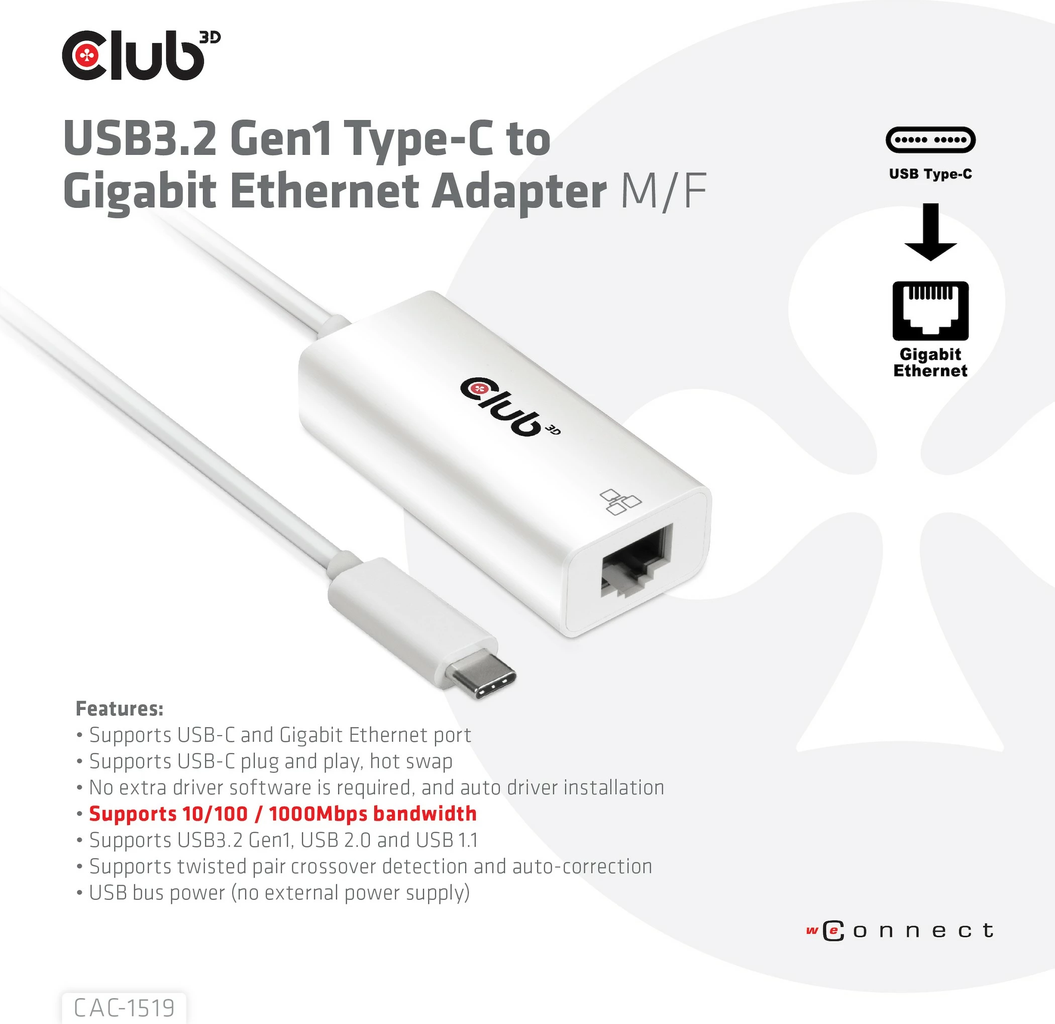 Adapter Club3D USB-C në RJ-45 Gigabit LAN, i bardhë