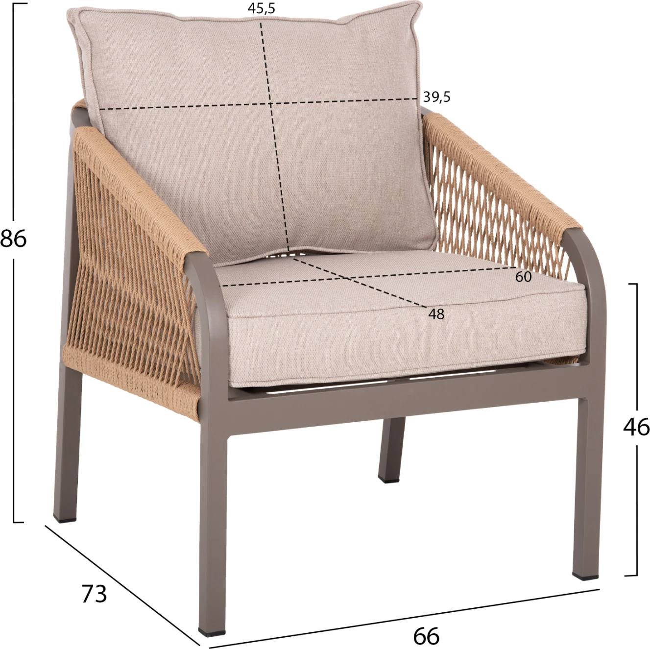 Set salloni për jashtë 4 pjesë MAERLY FH6056.04 ngjyrë shampanjë alumini-pe litar-bezh jastëkë