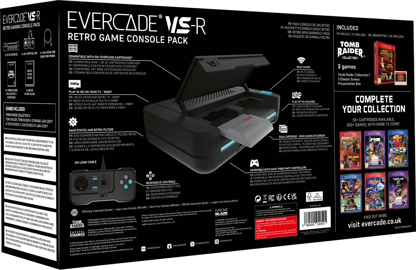 Konzolë lojërash Evercade VS-R 1080p HDMI, WiFi, 2 slota kasetash, me 1 kontrollor + kasetë Tomb Raider Collection 1, gri e errët