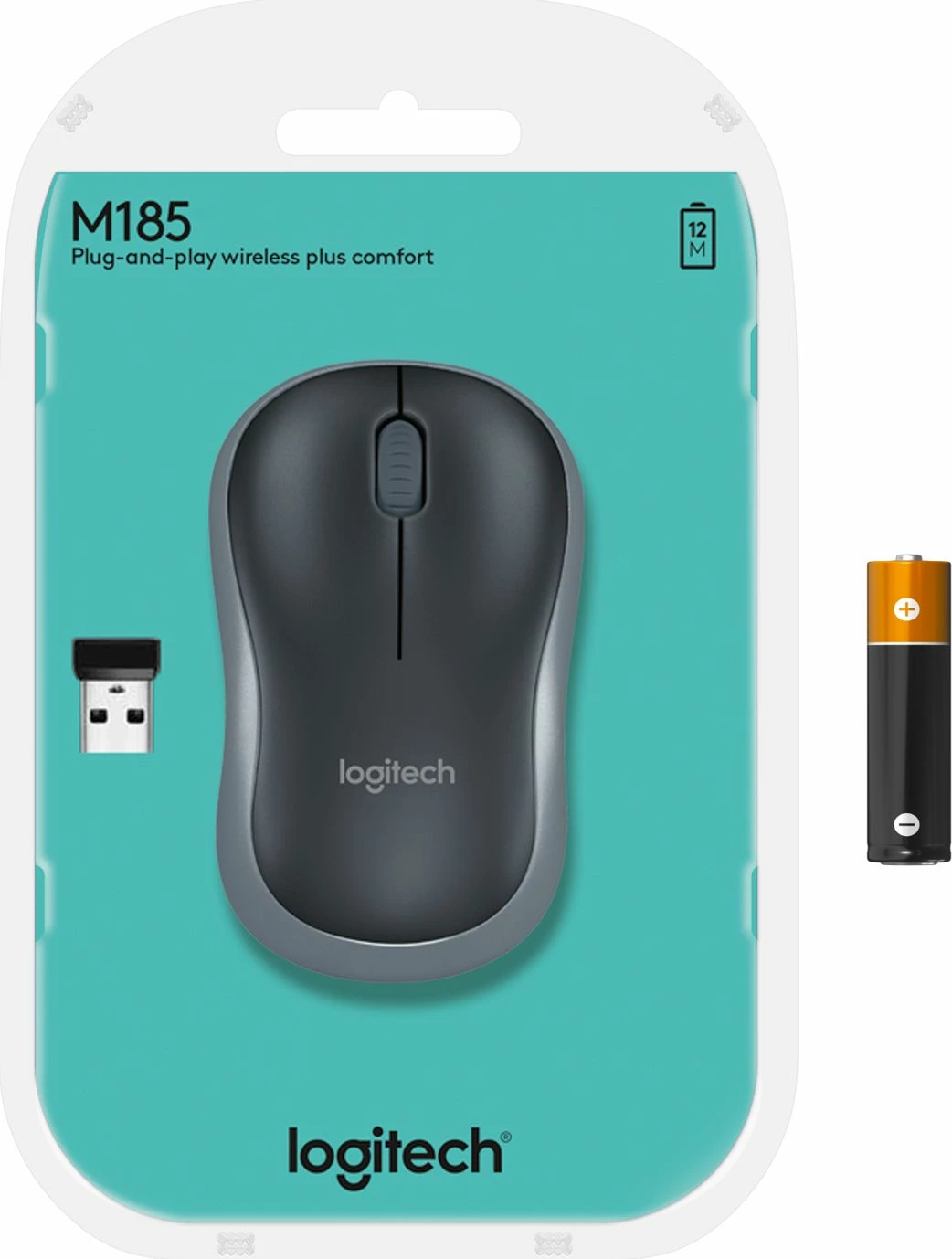 Maus Logitech M185 1000 DPI wireless me USB receiver, zi-gri