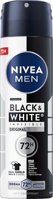 Sprej antiperspirant Nivea Men Black & White Invisible Original për meshkuj, 150ml
