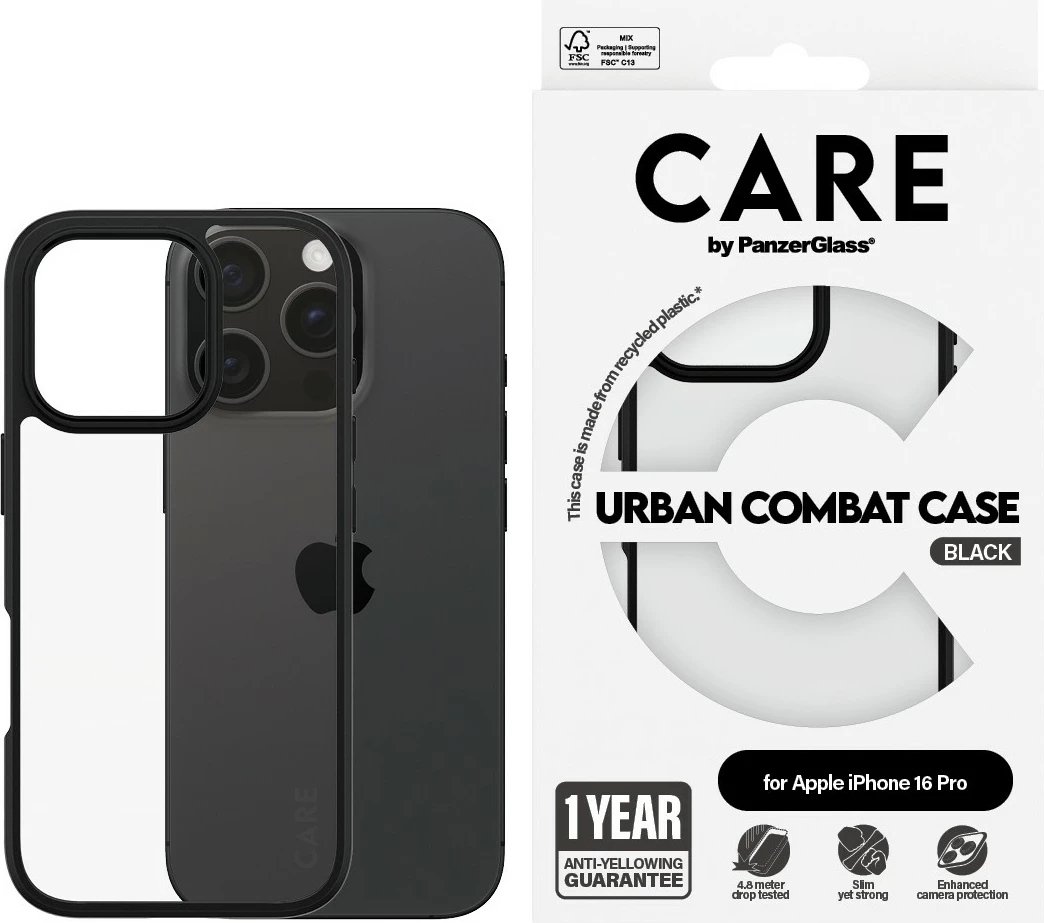 Mbështjellës PanzerGlass CARE Case Flagship Urban Combat për iPhone 16 Pro, transparent