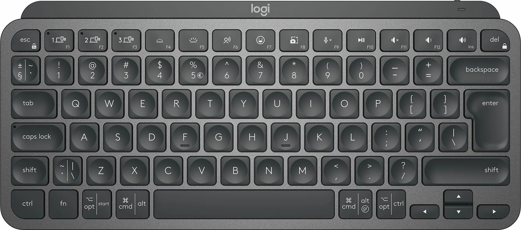 Tastierë Logitech MX Keys Mini 920-010498, wireless Bluetooth, e ndriçuar, US INTL layout, rikarikueshme USB-C, Graphite
